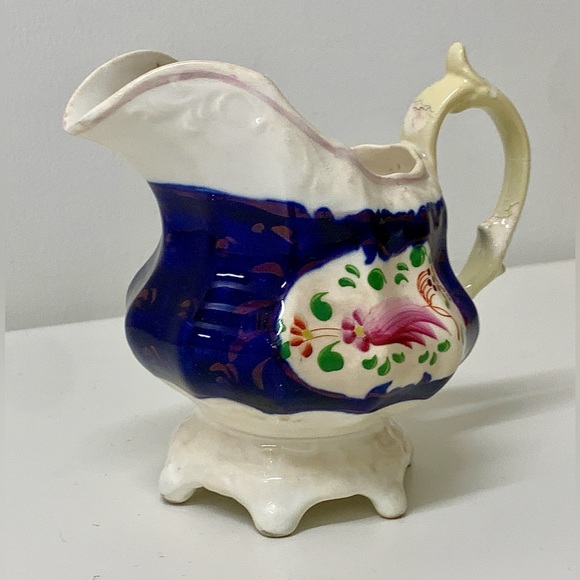 19th Century Vintage Gaudy Welsh Feather Pattern Thorn Handled Creamer Jug - Picture 2 of 16